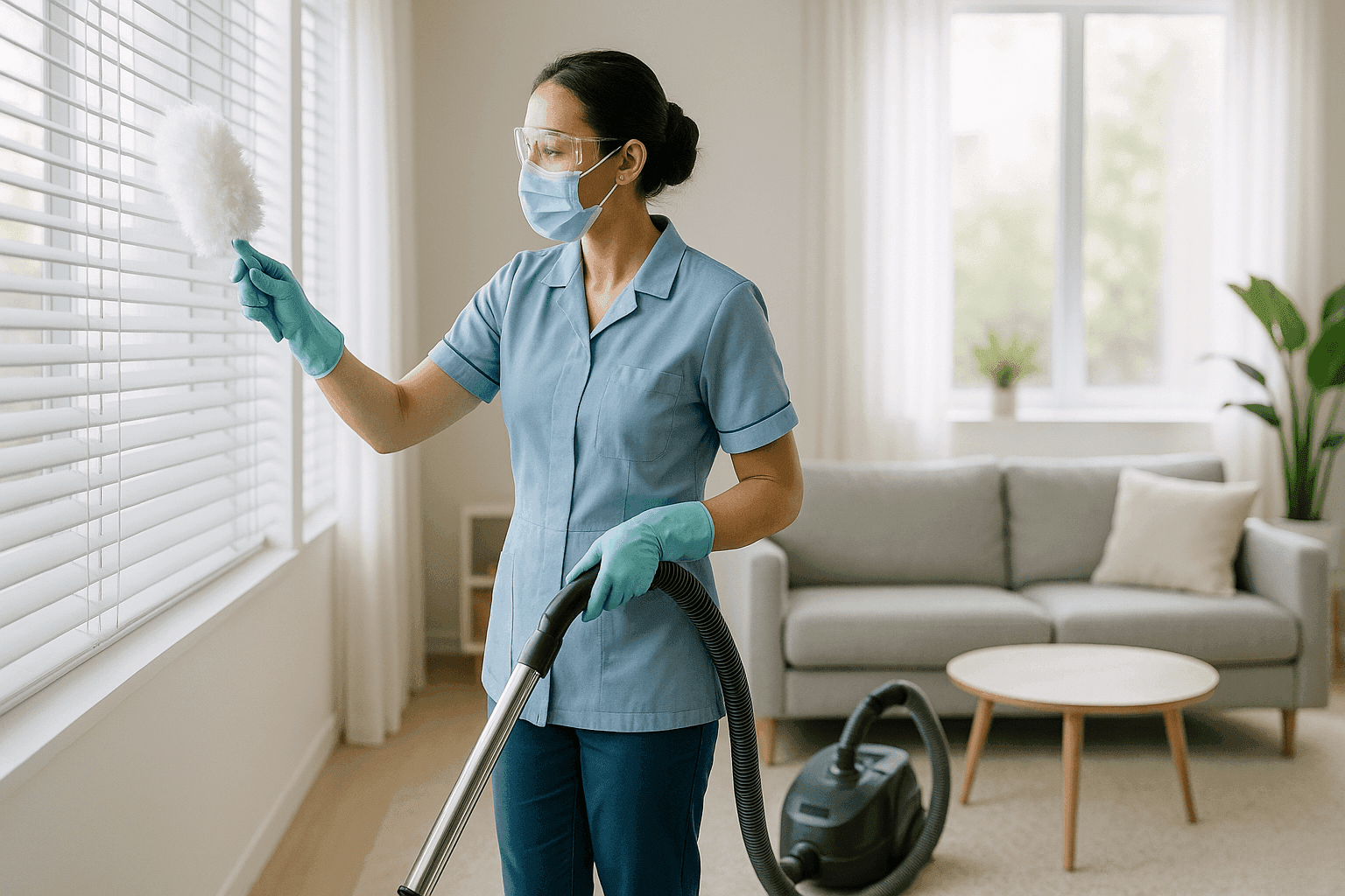 Maid dusting blinds and vacuuming carpets in allergy-prone home