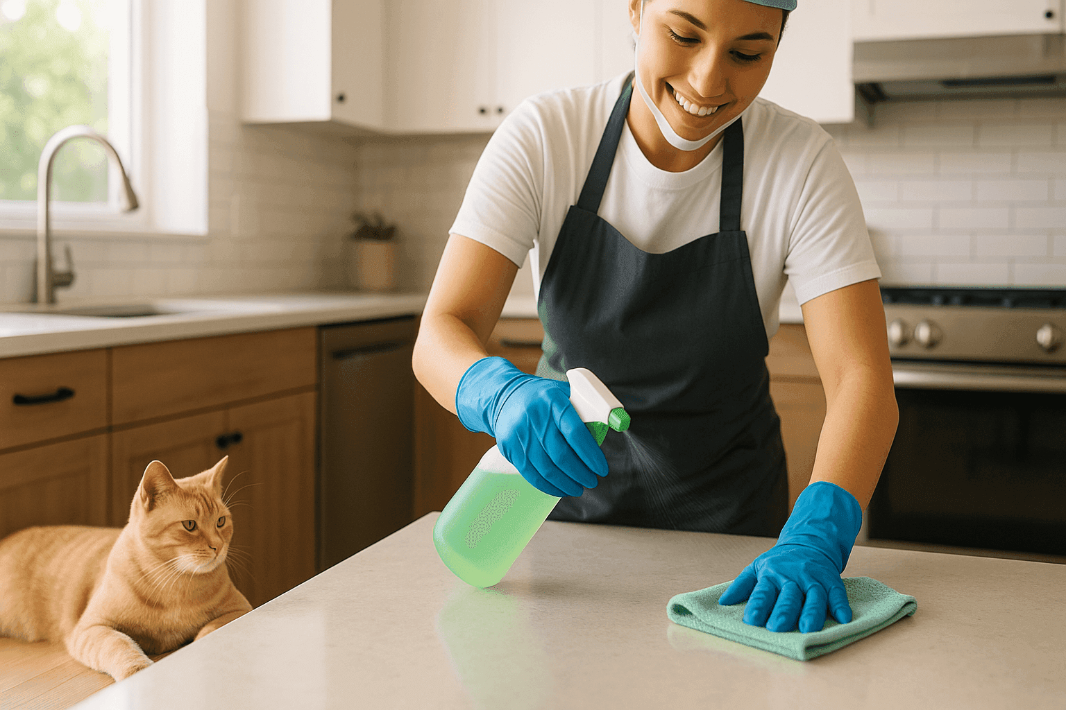 Maid using eco-friendly cleaning products in a bright family kitchen with pets nearby