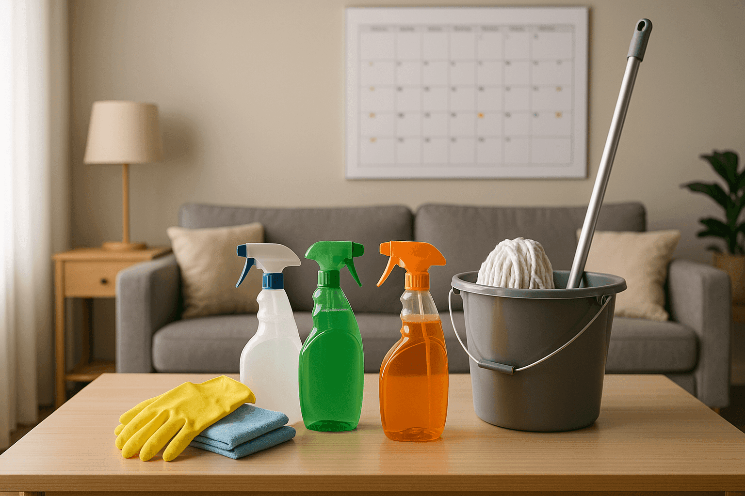 Calendar and cleaning supplies in organized modern living room
