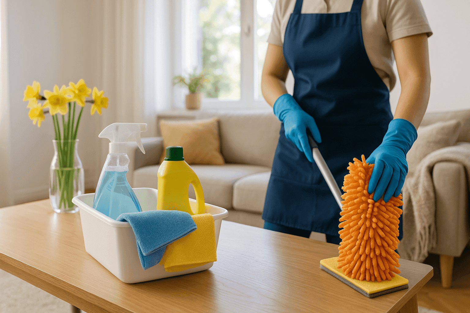 Bright living room with seasonal decor and sunlight highlighting a clean and organized space