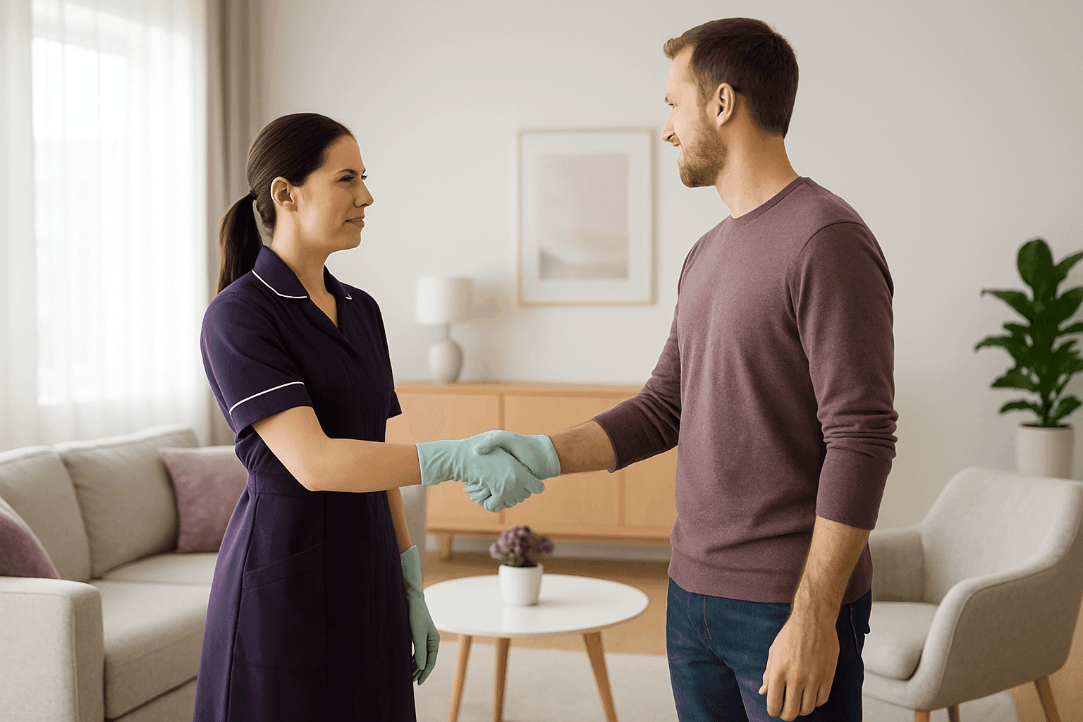 Professional maid in uniform shaking hands with homeowner in clean living room